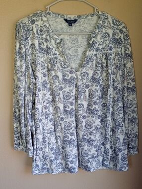 Lucky Brand paisley Boho Cotton Blend Blue White Top, Size L